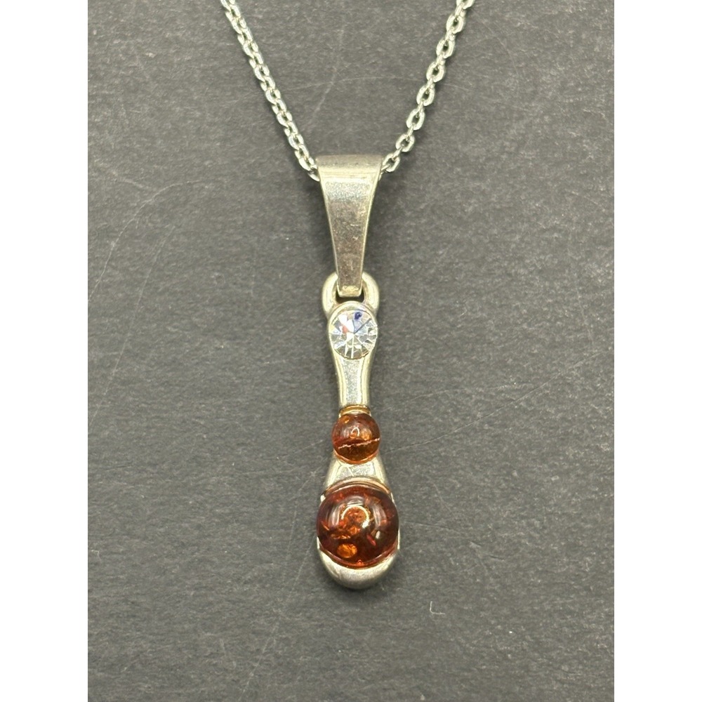 Vintage Sterling Silver Amber Pendant Necklace 925 G24